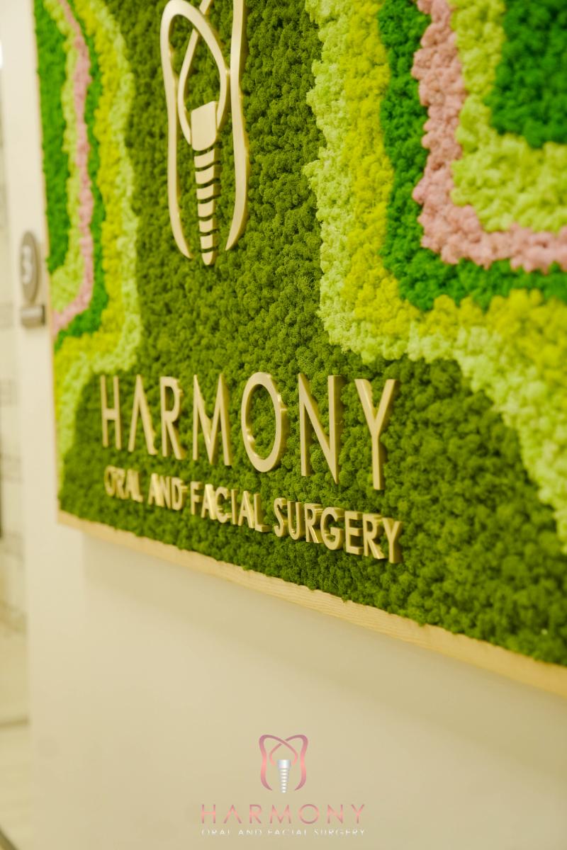 The image shows a wall with a sign that reads 'HARMONY' above an entrance to a dental clinic, featuring green plants and a decorative wall design.