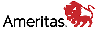 The image shows a logo with the text AMERITAS prominently displayed at the top, featuring an emblem resembling a stylized red bird above the word, set against a white background.